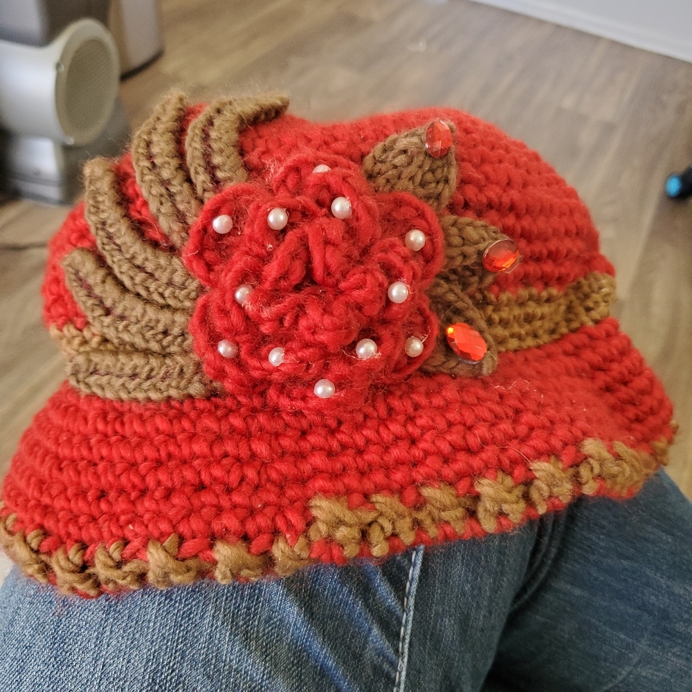Red and Brown Knit Hat with Flower Accent